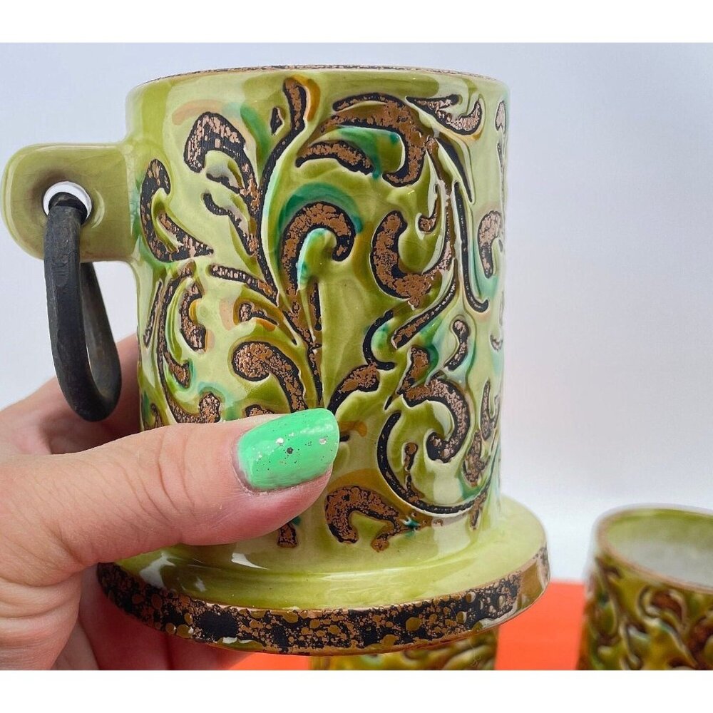 Vintage 60s mug, green abstract print, iron ring, Alvino Bagni, Italy, for 1
